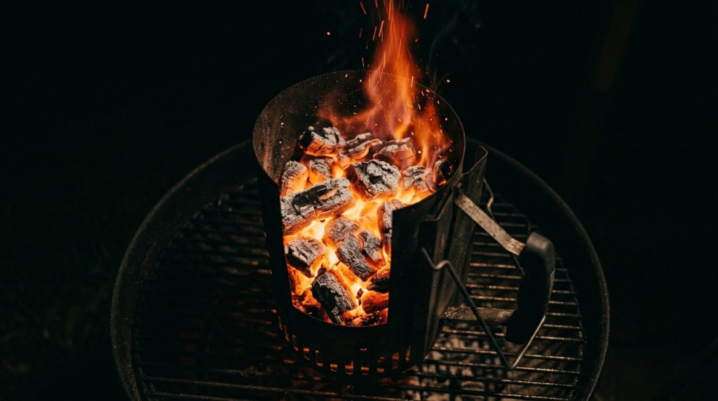 Glühende Holzkohle in einem schwarzen Anzündkamin auf einem Grillrost bei Nacht – authentische Grillvorbereitung.