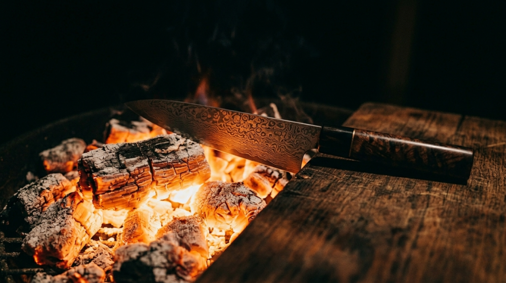 Hochwertiges Damastmesser liegt neben glühendem Holz auf einem Schneidebrett – Symbol für Grillhandwerk und Qualität bei Edelglut BBQ.