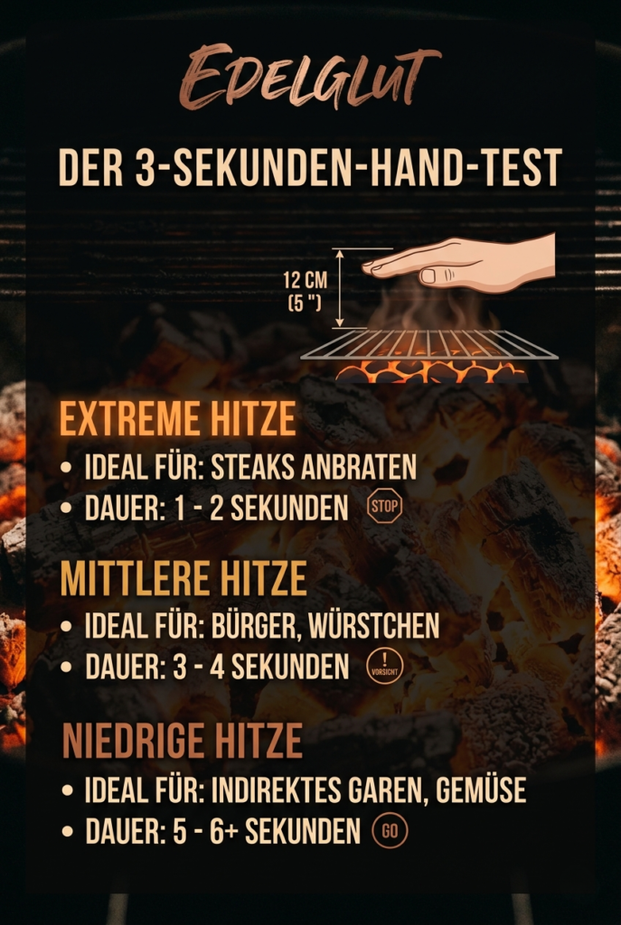 Infografik zum 3-Sekunden-Hand-Test beim Grillen – Edelglut BBQ Anleitung für Grillhitze.